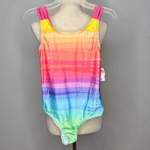 Kinnly Girls Rainbow One-Piece Swimsuit UPF 40+ Glitter Print Size 14 NWT